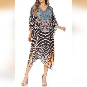 Sakkas Miui Ligthweight Rhinestone V Neck Printed Short Caftan Dress/Cover Up
